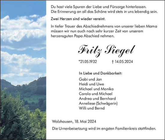 Traueranzeige von Fritz Siegel von Hinterländer Anzeiger