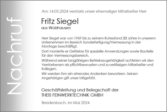 Traueranzeige von Fritz Siegel von Hinterländer Anzeiger