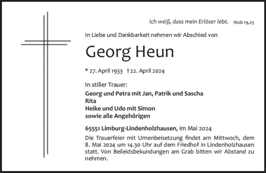 Traueranzeige von Georg Heun von Nassauische Neue Presse