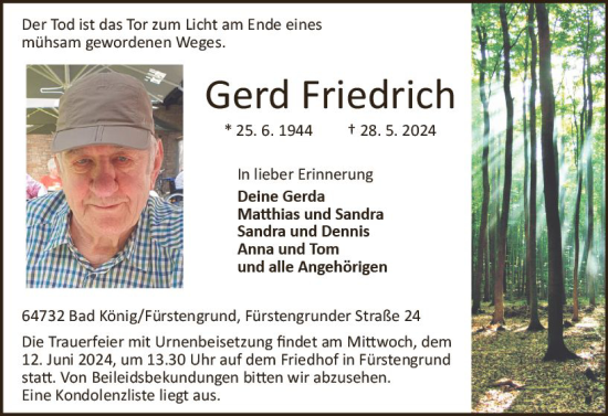 Traueranzeige von Gerd Friedrich von Odenwälder Echo
