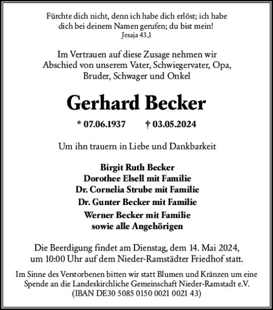 Traueranzeige von Gerhard Becker von Darmstädter Echo