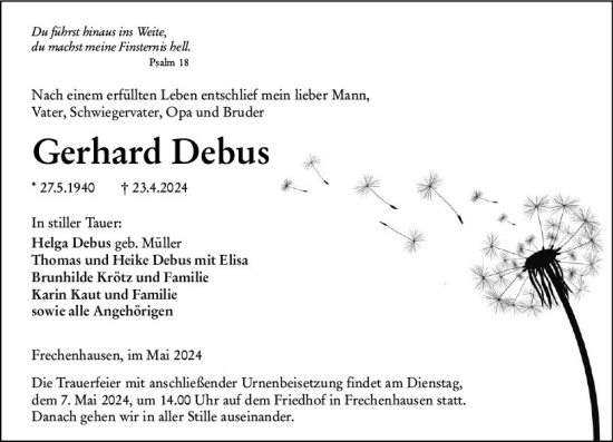 Traueranzeige von Gerhard Debus von Hinterländer Anzeiger
