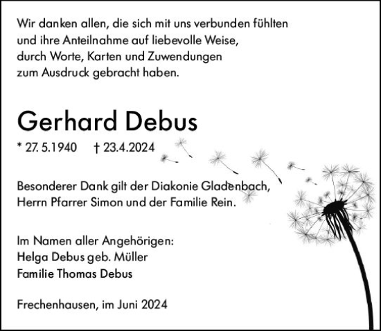 Traueranzeige von Gerhard Debus von Hinterländer Anzeiger