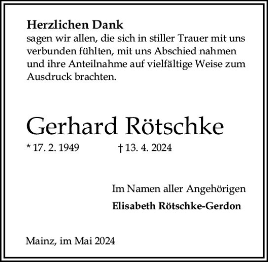 Traueranzeige von Gerhard Rötschke von Allgemeine Zeitung Mainz
