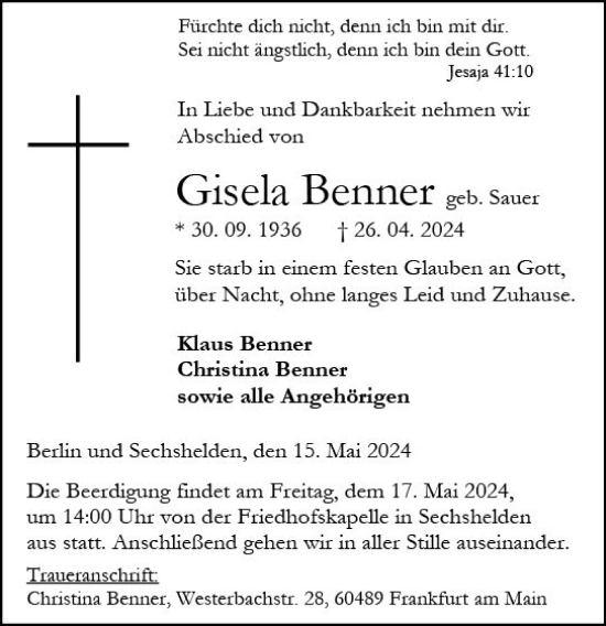 Traueranzeige von Gisela Benner von Dill Block