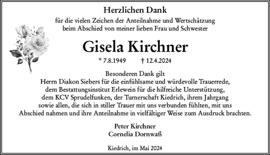 Traueranzeige von Gisela Kirchner von Rheingau Kurier