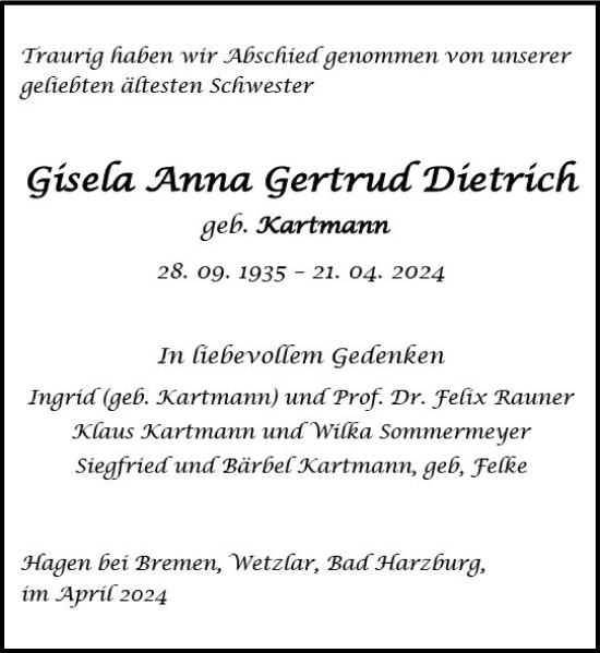 Traueranzeige von Gisela Anna Gertrud Dietrich von Dill Block