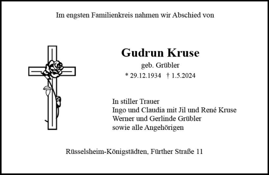 Traueranzeige von Gudrun Kruse von Rüsselsheimer Echo