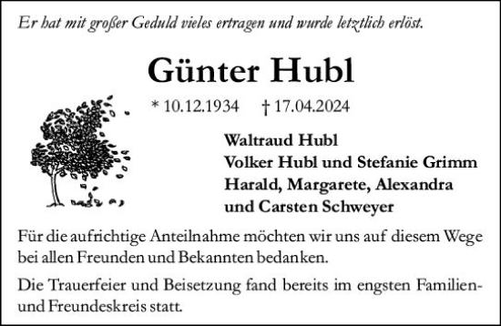 Traueranzeige von Günter Hubl von Allgemeine Zeitung Mainz