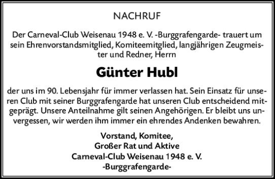 Traueranzeige von Günter Hubl von Allgemeine Zeitung Mainz