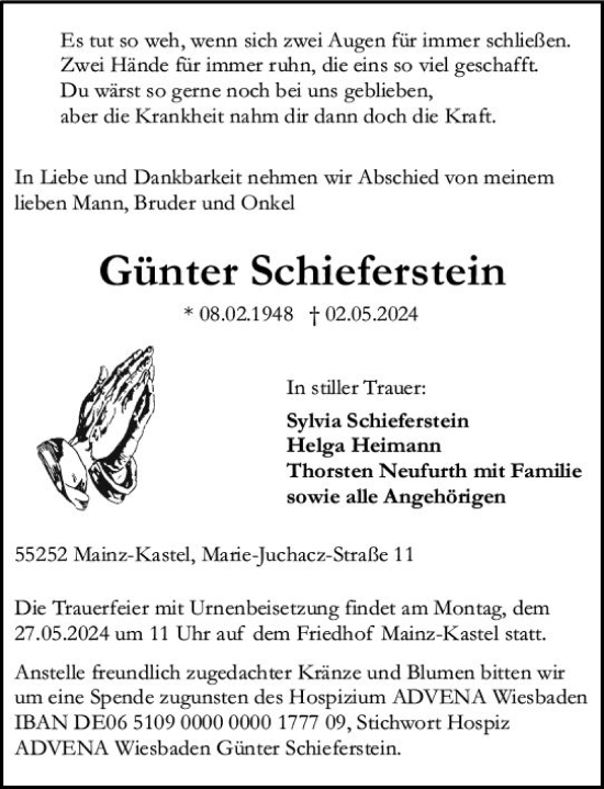 Traueranzeige von Günter Schieferstein von Allgemeine Zeitung Mainz
