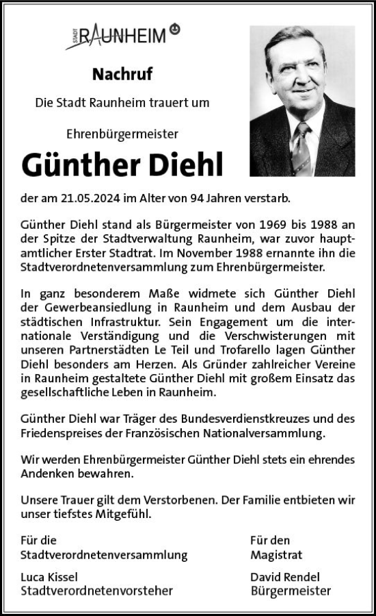 Traueranzeige von Günther Diehl von Rüsselsheimer Echo