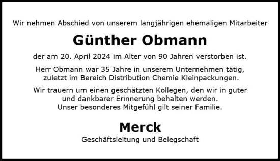 Traueranzeige von Günther Obmann von Darmstädter Echo