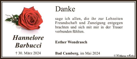 Traueranzeige von Hannelore Barbucci von Camberger Anzeiger