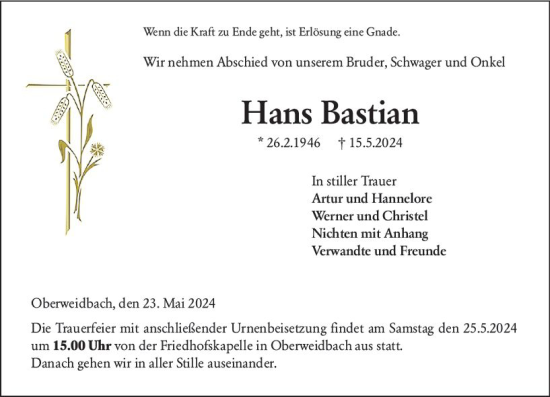 Traueranzeige von Hans Bastian von Hinterländer Anzeiger