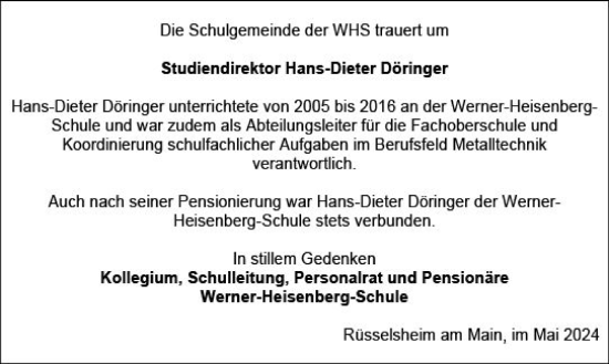 Traueranzeige von Hans-Dieter Döringer von Rüsselsheimer Echo