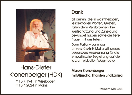Traueranzeige von Hans-Dieter Kronenberger von Allgemeine Zeitung Mainz