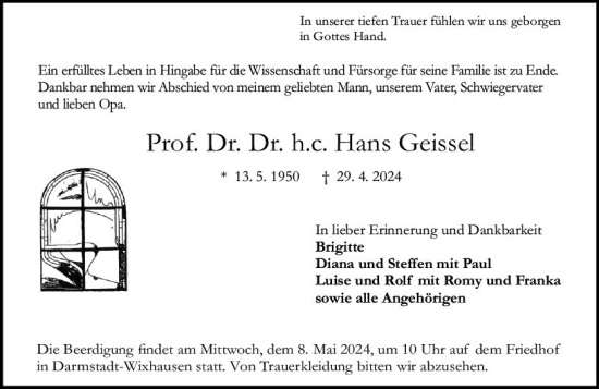 Traueranzeige von Hans Geissel von Darmstädter Echo