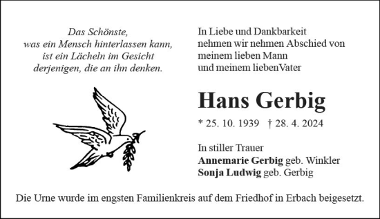Traueranzeige von Hans Gerbig von Odenwälder Echo