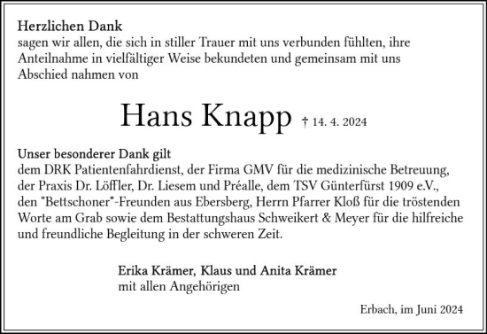 Traueranzeige von Hans Knapp von Odenwälder Echo
