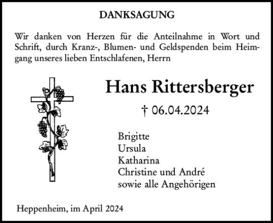 Traueranzeige von Hans Rittersberger von Starkenburger Echo