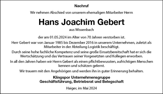 Traueranzeige von Hans Joachim Gebert von Dill Block