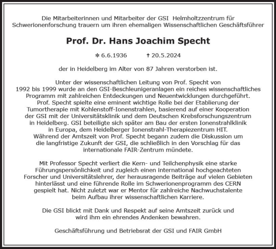Traueranzeige von Hans Joachim Specht von Darmstädter Echo