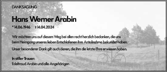 Traueranzeige von Hans Werner Arabin von Dill Block