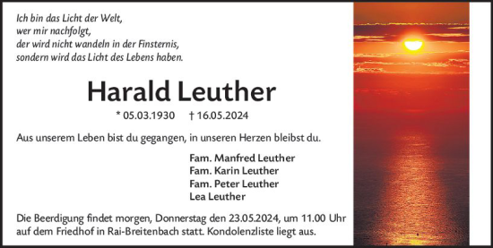 Traueranzeige von Harald Leuther von Odenwälder Echo