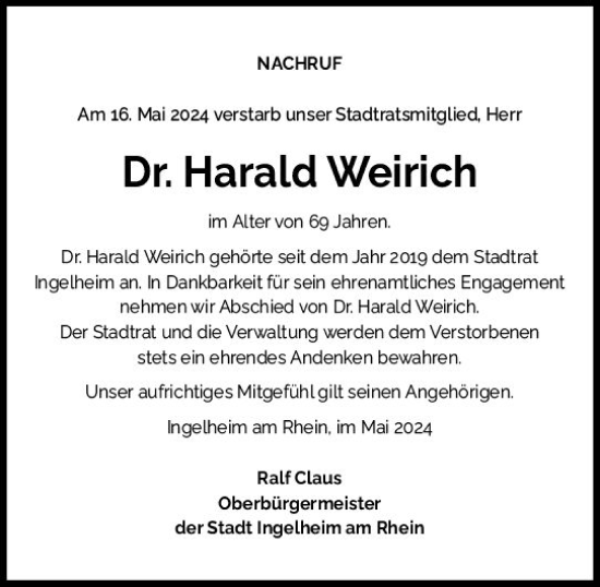 Traueranzeige von Harald Weirich von Allgemeine Zeitung Bingen/Ingelheim