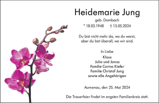 Traueranzeige von Heidemarie Jung von Weilburger Tageblatt