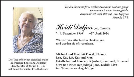 Traueranzeige von Heidi Detjen von Darmstädter Echo