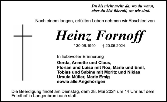 Traueranzeige von Heinz Fornoff von Odenwälder Echo