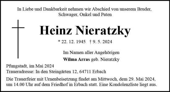 Traueranzeige von Heinz Nieratzky von Odenwälder Echo