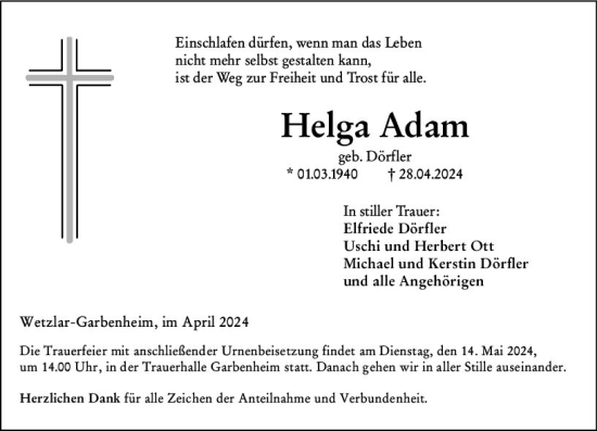 Traueranzeige von Helga Adam von Wetzlarer Neue Zeitung