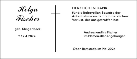 Traueranzeige von Helga Fischer von Darmstädter Echo