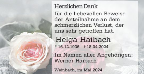 Traueranzeige von Helga Haibach von Weilburger Tageblatt