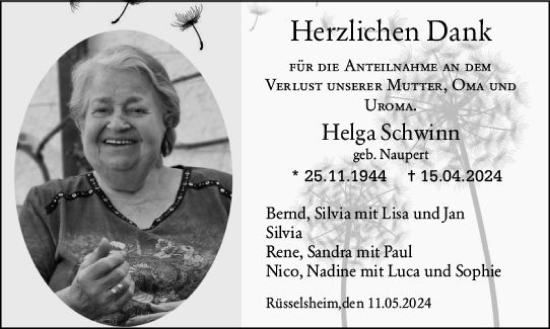 Traueranzeige von Helga Schwinn von Rüsselsheimer Echo