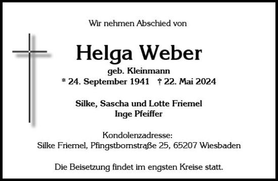 Traueranzeige von Helga Weber von Wiesbadener Kurier