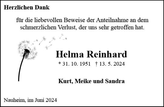 Traueranzeige von Helma Reinhard von Rüsselsheimer Echo