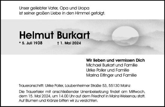 Traueranzeige von Helmut Burkart von Allgemeine Zeitung Mainz