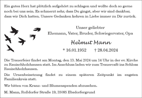 Traueranzeige von Helmut Mann von Weilburger Tageblatt