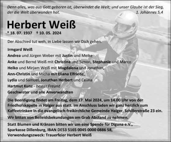 Traueranzeige von Herbert Weiß von Dill Block