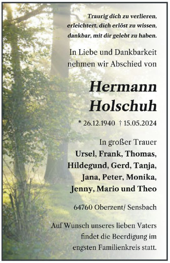 Traueranzeige von Hermann Holschuh von Odenwälder Echo
