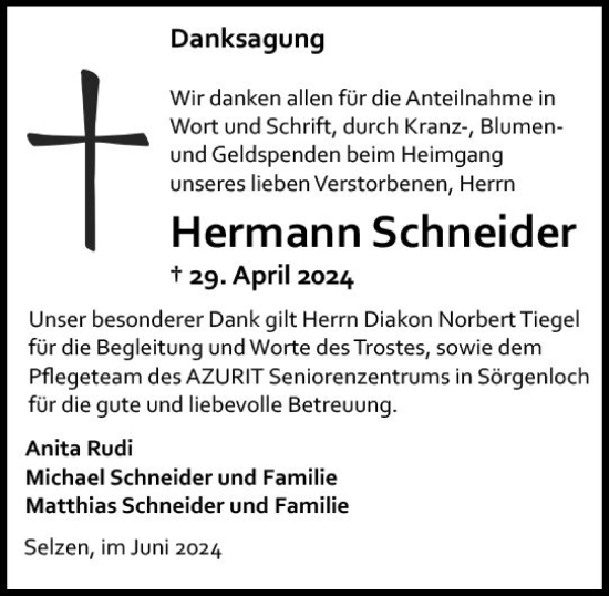 Traueranzeige von Hermann Schneider von Allgemeine Zeitung Mainz