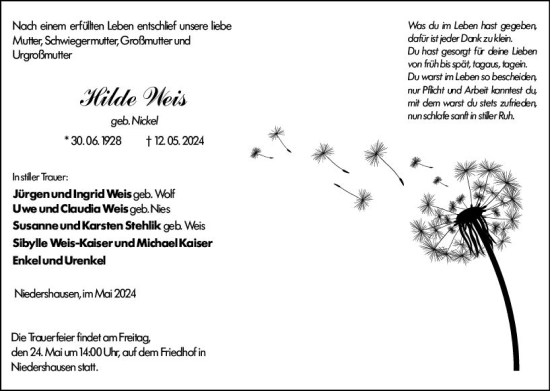 Traueranzeige von Hilde Weis von Weilburger Tageblatt