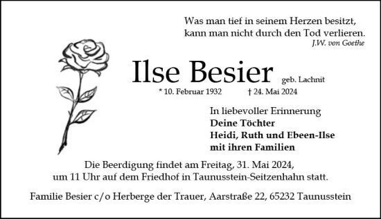 Traueranzeige von Ilse Besier von Wiesbadener Kurier