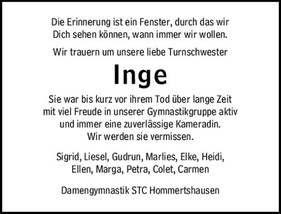 Traueranzeige von Inge  von Hinterländer Anzeiger