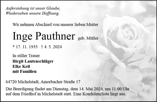 Traueranzeige von Inge Pauthner von Odenwälder Echo