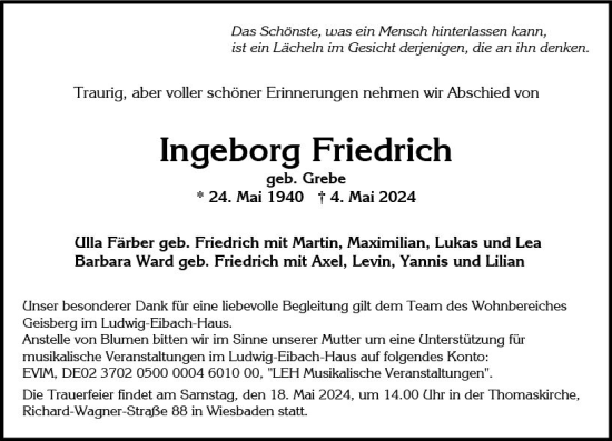 Traueranzeige von Ingeborg Friedrich von Wiesbadener Kurier